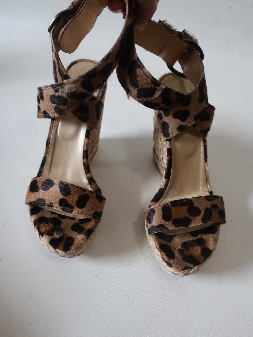 Women Stuart Weitzman Tan/Brown Leopard Pony Hair Espadrille Wedge Sandals 8